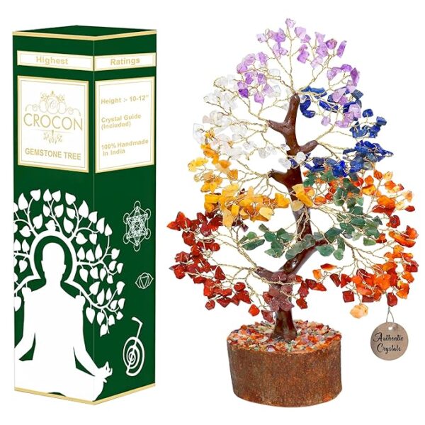 Crocon Natural Healing Gemstone Crystal Bonsai Fortune Money Tree for Good Luck, Wealth & Prosperity Spiritual Gift Size 10-12 Inch (Seven Chakra (Golden Wire))