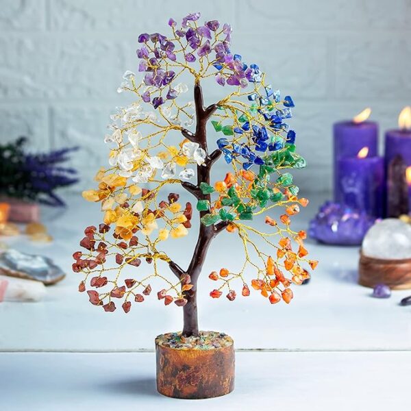 Crocon Natural Healing Gemstone Crystal Bonsai Fortune Money Tree for Good Luck, Wealth & Prosperity Spiritual Gift Size 10-12 Inch (Seven Chakra (Golden Wire))