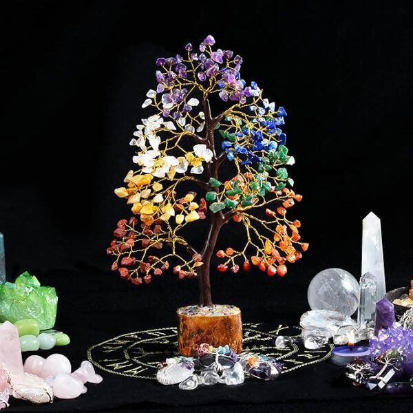 Crocon Natural Healing Gemstone Crystal Bonsai Fortune Money Tree for Good Luck, Wealth & Prosperity Spiritual Gift Size 10-12 Inch (Seven Chakra (Golden Wire))