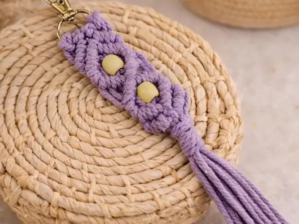 Handmade Keychain by Macrame Crochet thread Cute Tassel Keychain for Girls, Boys, Men, Women | Cotton Cord with Wooden Beads | BagCharm PhoneAccessory for car, home keys | Purple