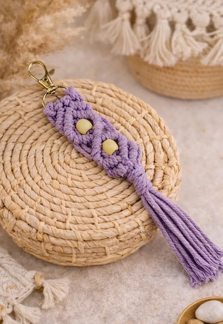 7109IfsnTqL._AC_UY1100_FMwebp_ Handmade Keychain by Macrame Crochet thread Cute Tassel Keychain for Girls, Boys, Men, Women | Cotton Cord with Wooden Beads | BagCharm PhoneAccessory for car, home keys | Purple - Image 1